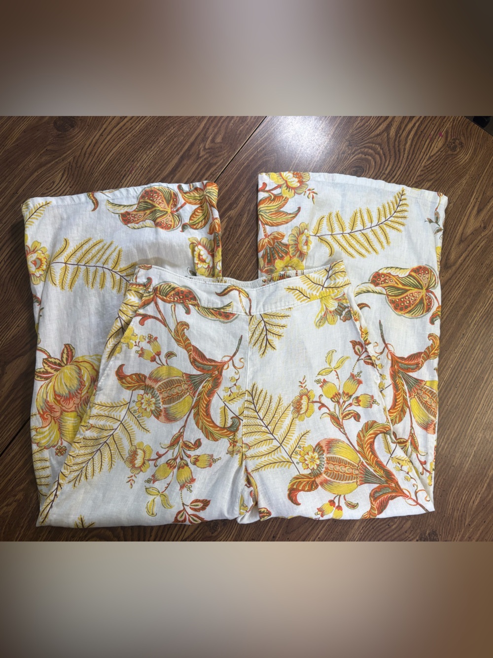 Rachel Zoe White Linen Wide-Leg Floral Pants with Yellow & Orange Print Size S